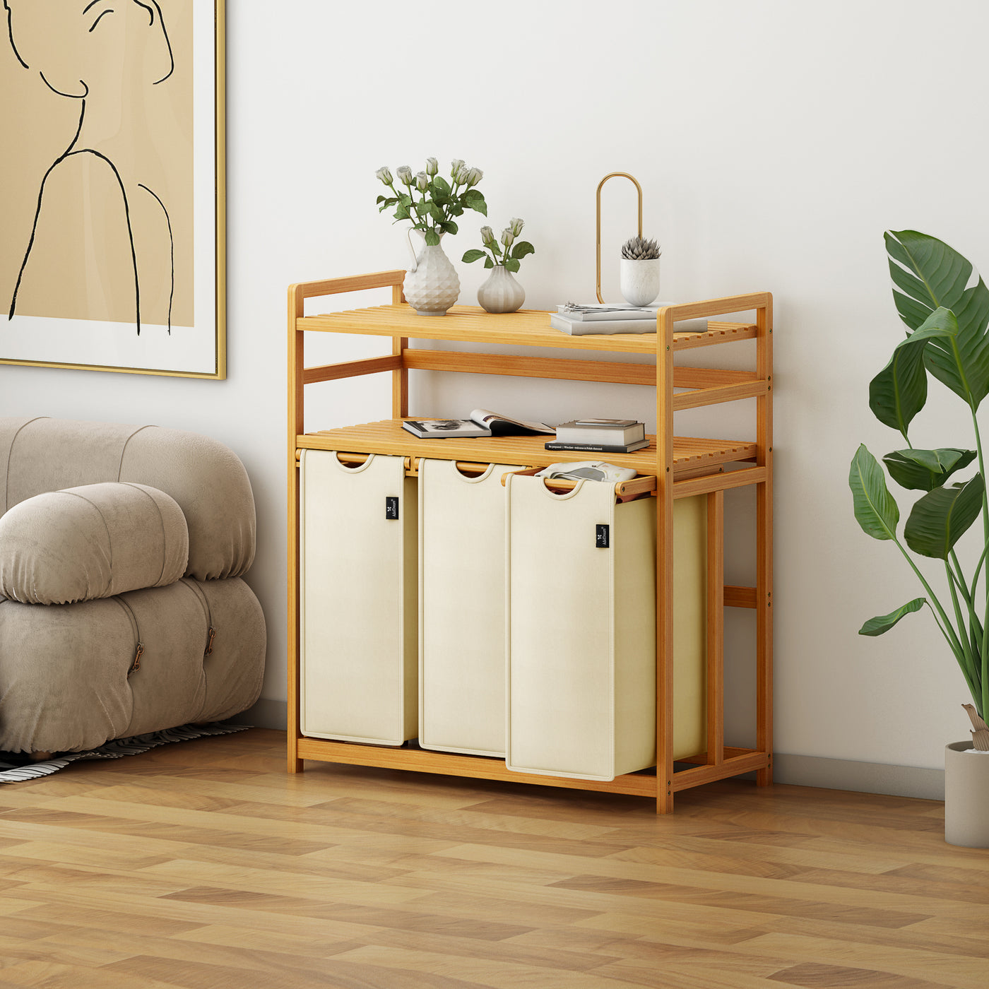 AdelDream Wäschekorb, 150 l, 3 Fächer,  2 Regale, ausziehbarer und abnehmbarer Wäschesack Beige