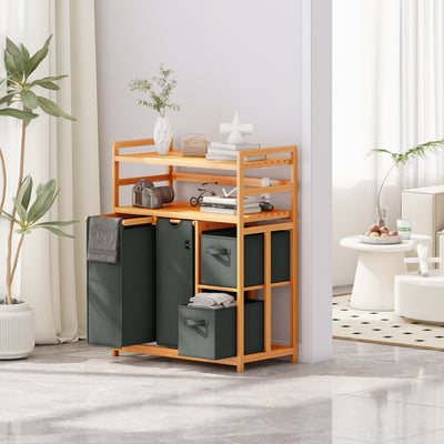 AdelDream Wäschekorb 4 Fächer 2 Regale Wäschesammler 140L Wäscheboxen Mit Korb Wäschesortierer mit 2 Wäschesäcken & 2 Stoffboxen Wäschesack Bambus Wäscheregal Wäschebox Laundry basket