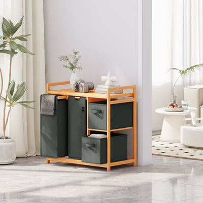 AdelDream Wäschekorb 4 Fächer Wäschesammler 140L Wäscheboxen Mit Korb Wäschesortierer mit 2 Wäschesäcken & 2 Stoffboxen mit Ablage Wäschesack Bambus Wäscheregal Wäschebox Laundry