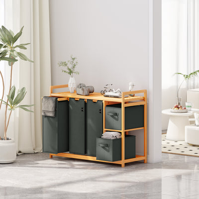 AdelDream Wäschekorb 5 Fächer Wäschesammler 190L Wäscheboxen Mit Korb Wäschesortierer mit 3 Wäschesäcken & 2 Stoffboxen mit Ablage Wäschesack Bambus Wäscheregal Wäschebox Laundry basket