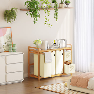 AdelDream Wäschekorb 5 Fächer Wäschesammler 190L Wäscheboxen Mit Korb Wäschesortierer mit 3 Wäschesäcken & 2 Stoffboxen mit Ablage Wäschesack Bambus Wäscheregal Wäschebox Laundry basket