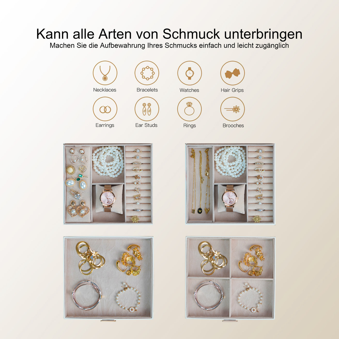 AdelDream 2-stöckig Schmuckkästchen Schmuckaufbewahrung mit ausziehbarem Tablett Schmuck Organizer mit großem Spiegel mit DIY-Struktur
