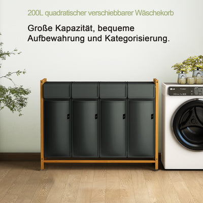 AdelDream Wäschekorb Kleidersortierer Fächer Wäschewagen mit abnehmbaren Taschen Kleidersammler Bambus 200L Dunkelgrau