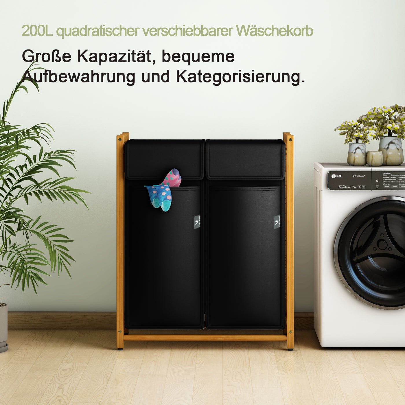 AdelDream Wäschekorb Kleidersortierer 2 Fächer Wäschewagen mit abnehmbaren Taschen Kleidersammler Bambus 100L