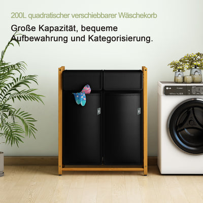 AdelDream Wäschekorb Kleidersortierer 2 Fächer Wäschewagen mit abnehmbaren Taschen Kleidersammler Bambus 100L