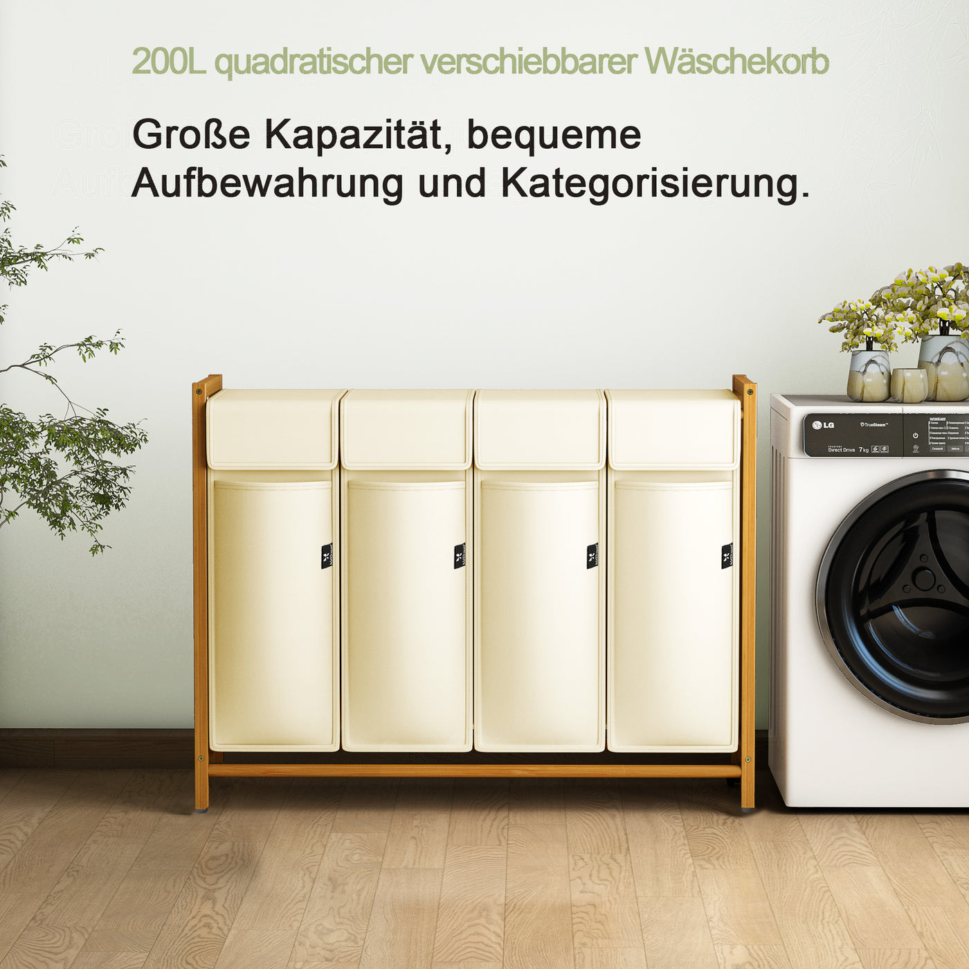 AdelDream Wäschekorb Kleidersortierer auf Rollen4 FächerWäschewagen mit abnehmbaren Taschen Kleidersammler Bambus 200L
