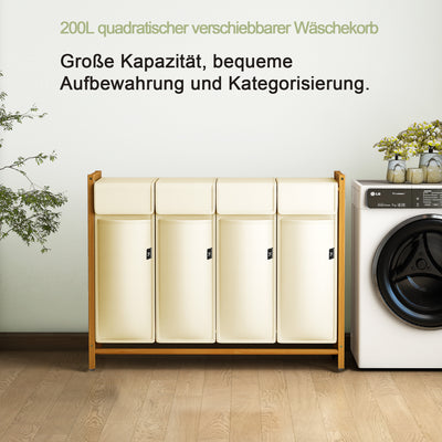 AdelDream Wäschekorb Kleidersortierer auf Rollen4 FächerWäschewagen mit abnehmbaren Taschen Kleidersammler Bambus 200L