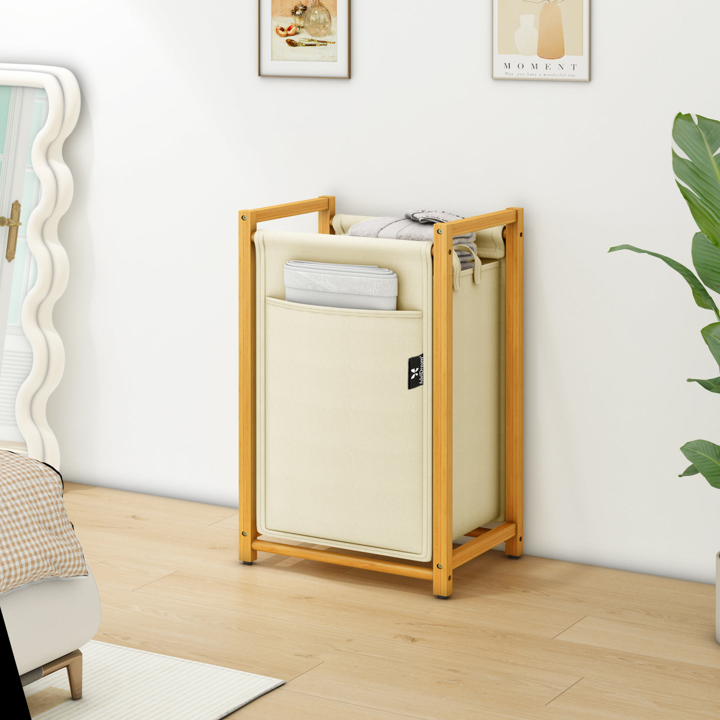 AdelDream Wäschekorb Bambus wäschesortierer Wäschewagen mit abnehmbaren Taschen Kleidersammler 80L Beige