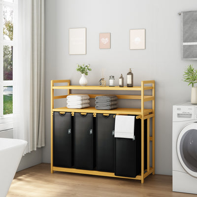 AdelDream Wäschekorb Wäschesortierer mit Regalen 4 Fächer 2 Ablagen Wäschebox Bambus 200L