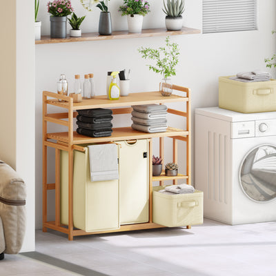AdelDream Wäschekorb 4 Fächer 2 Regale Wäschesammler 140L Wäscheboxen Mit Korb Wäschesortierer mit 2 Wäschesäcken & 2 Stoffboxen Wäschesack Bambus Wäscheregal Wäschebox Laundry basket