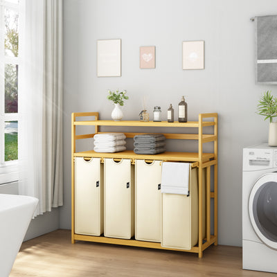 AdelDream Wäschekorb Wäschesortierer mit Regalen 4 Fächer 2 Ablagen Wäschebox Bambus 200L