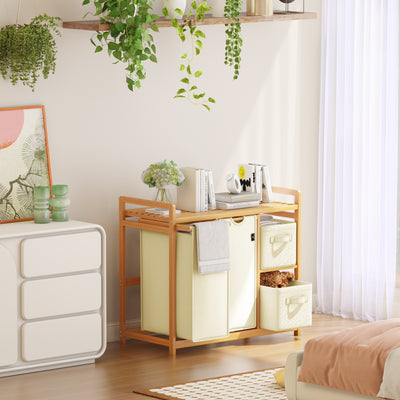 AdelDream Wäschekorb 4 Fächer Wäschesammler 140L Wäscheboxen Mit Korb Wäschesortierer mit 2 Wäschesäcken & 2 Stoffboxen mit Ablage Wäschesack Bambus Wäscheregal Wäschebox Laundry
