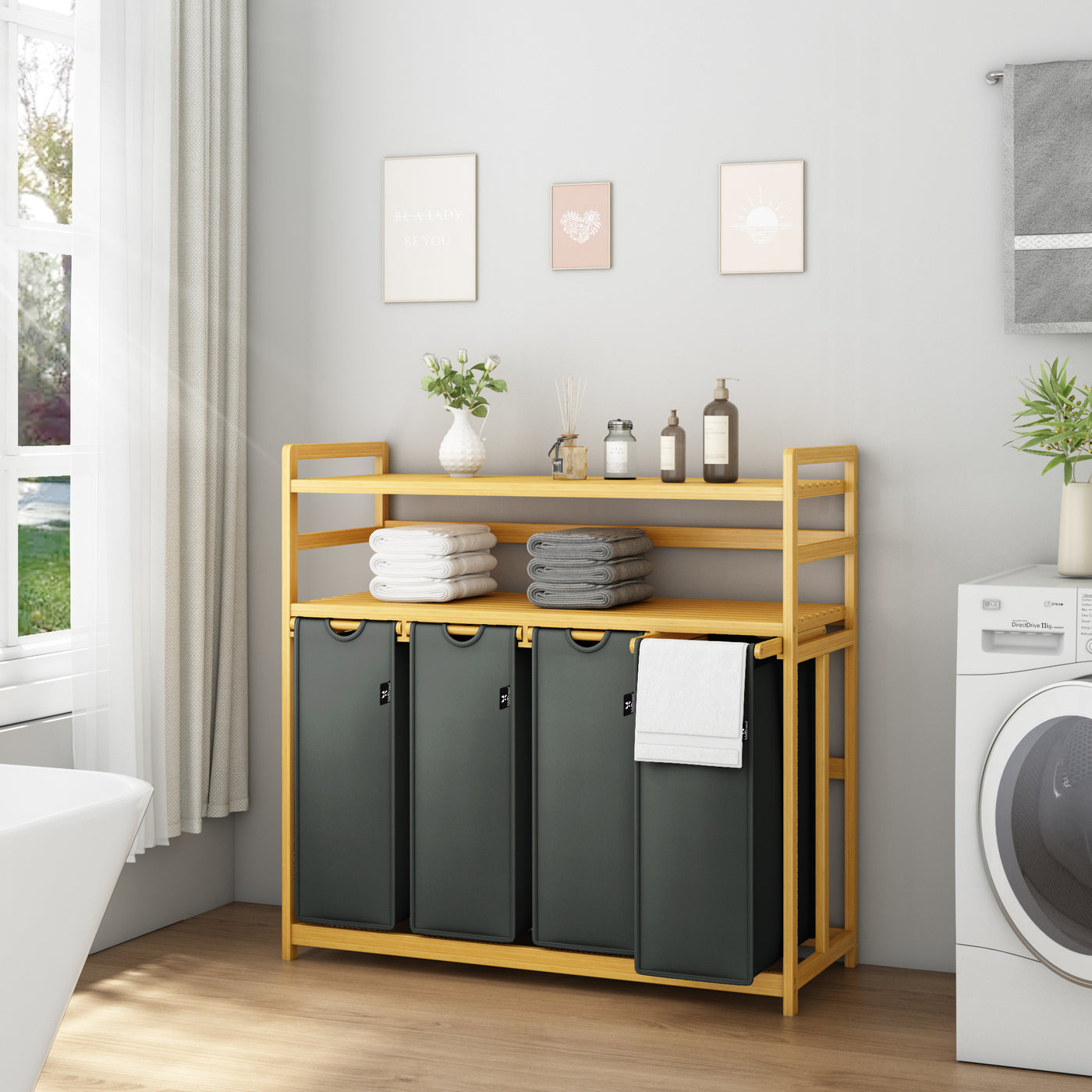 AdelDream Wäschekorb Wäschesortierer mit Regalen 4 Fächer 2 Ablagen Wäschebox Bambus Wäschesack ausziehbar und abnehmbar Laundry Basket 200L Grau