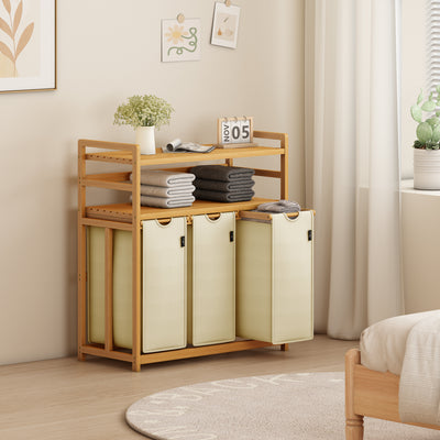 AdelDream Wäschekorb, 150 l, 3 Fächer,  2 Regale, ausziehbarer und abnehmbarer Wäschesack Beige