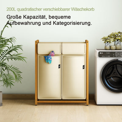 AdelDream Wäschekorb Kleidersortierer 2 Fächer Wäschewagen mit abnehmbaren Taschen Kleidersammler Bambus 100L