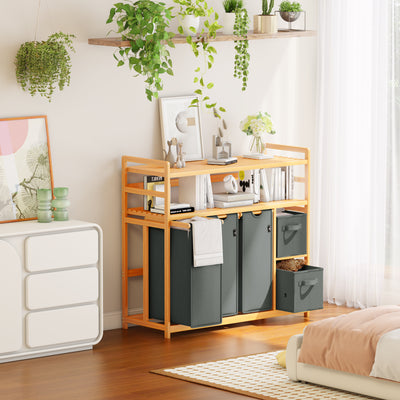 AdelDream Wäschekorb 5 Fächer 2 Regale Wäschesammler 190L Wäscheboxen Mit Korb Wäschesortierer mit 3 Wäschesäcken & 2 Stoffboxen Wäschesack Bambus Wäscheregal Wäschebox Laundry basket