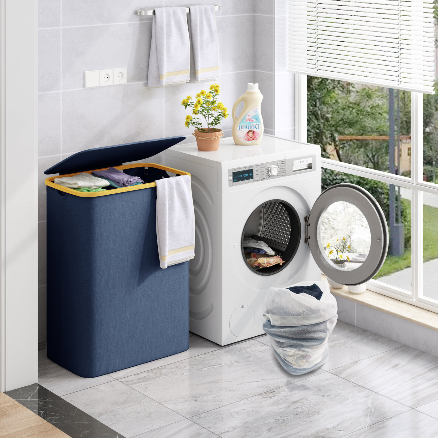 AdelDream 160L Wäschekorb mit 3 Fächern und Deckel