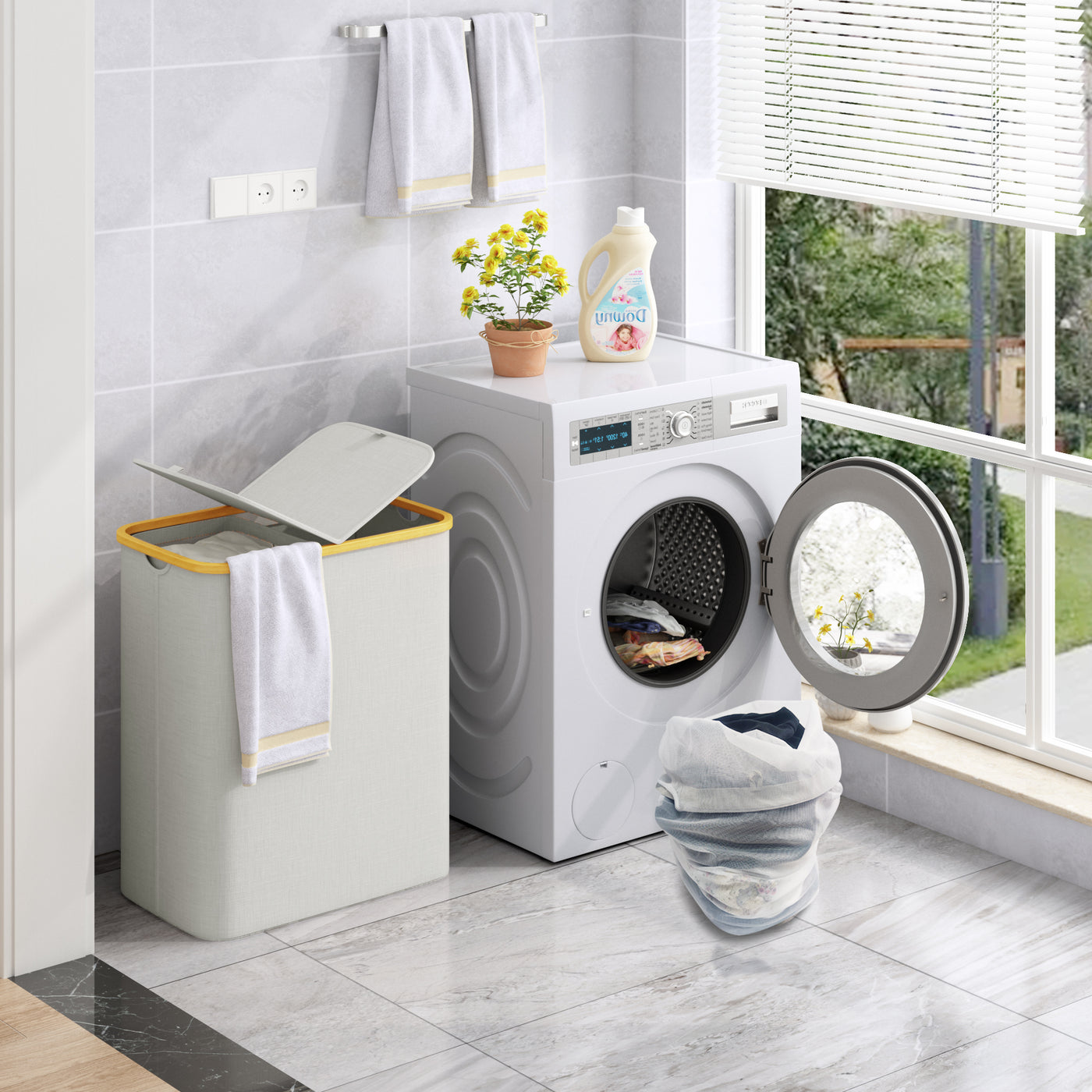 AdelDream 140L Wäschekorb mit 2 Fächern und Deckel