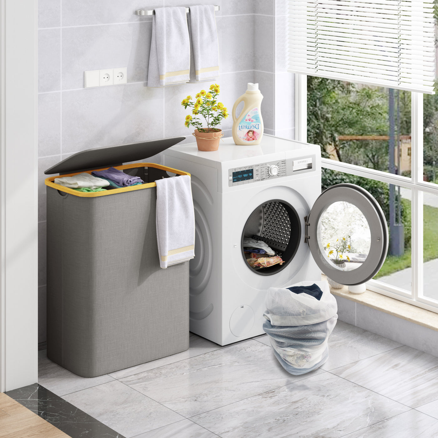 AdelDream 160L Wäschekorb mit 3 Fächern und Deckel