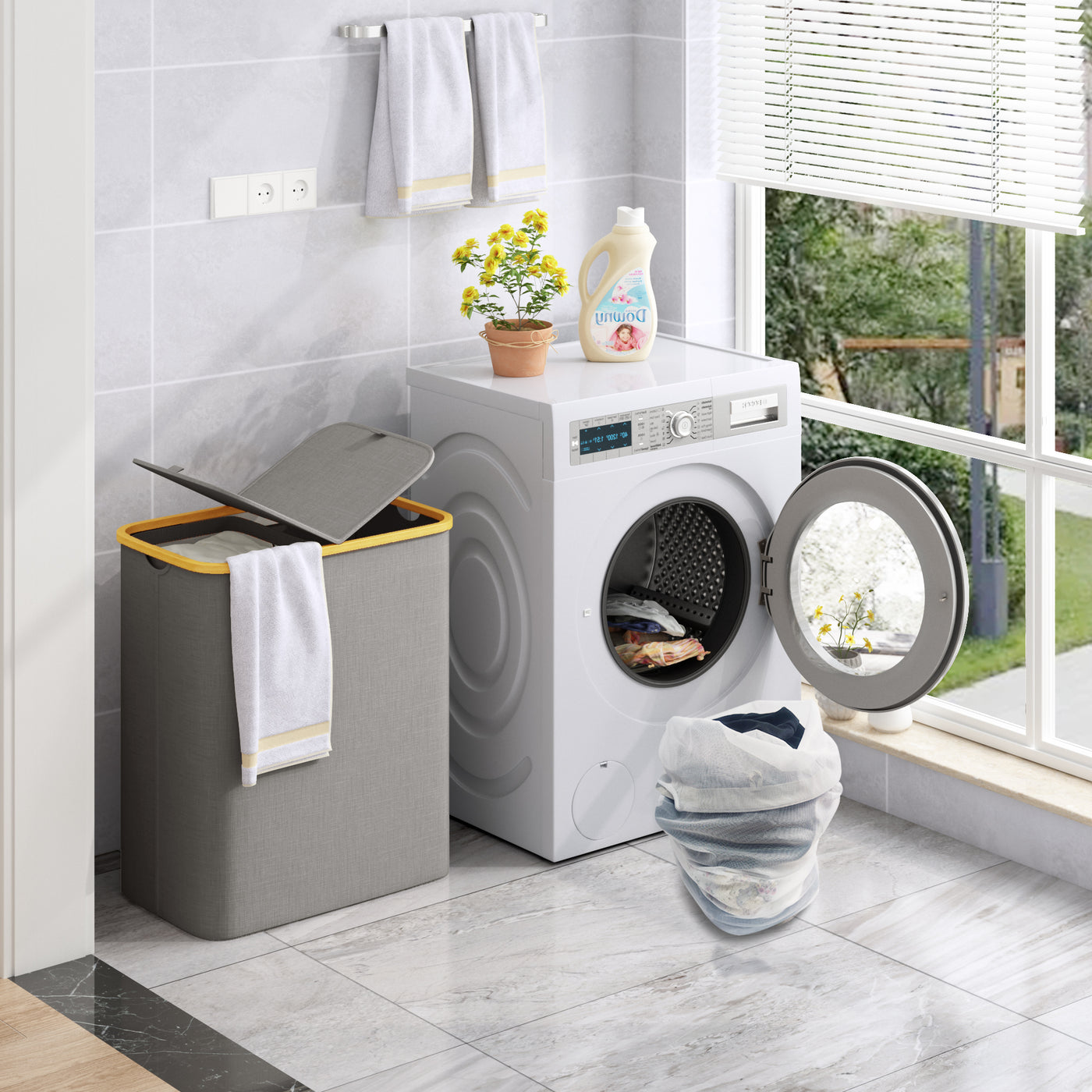 AdelDream 140L Wäschekorb mit 2 Fächern und Deckel