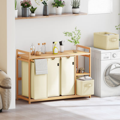 AdelDream Wäschekorb 5 Fächer Wäschesammler 190L Wäscheboxen Mit Korb Wäschesortierer mit 3 Wäschesäcken & 2 Stoffboxen mit Ablage Wäschesack Bambus Wäscheregal Wäschebox Laundry basket