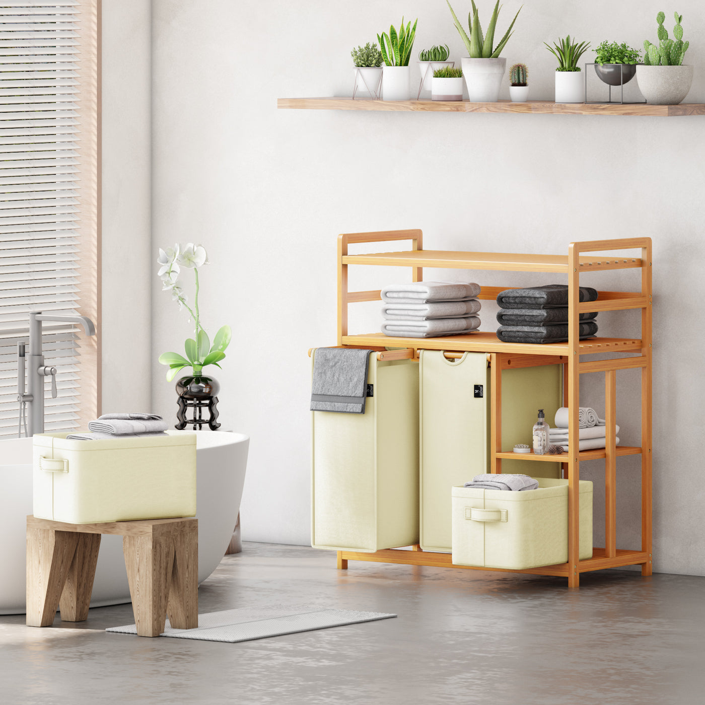 AdelDream Wäschekorb 4 Fächer 2 Regale Wäschesammler 140L Wäscheboxen Mit Korb Wäschesortierer mit 2 Wäschesäcken & 2 Stoffboxen Wäschesack Bambus Wäscheregal Wäschebox Laundry basket