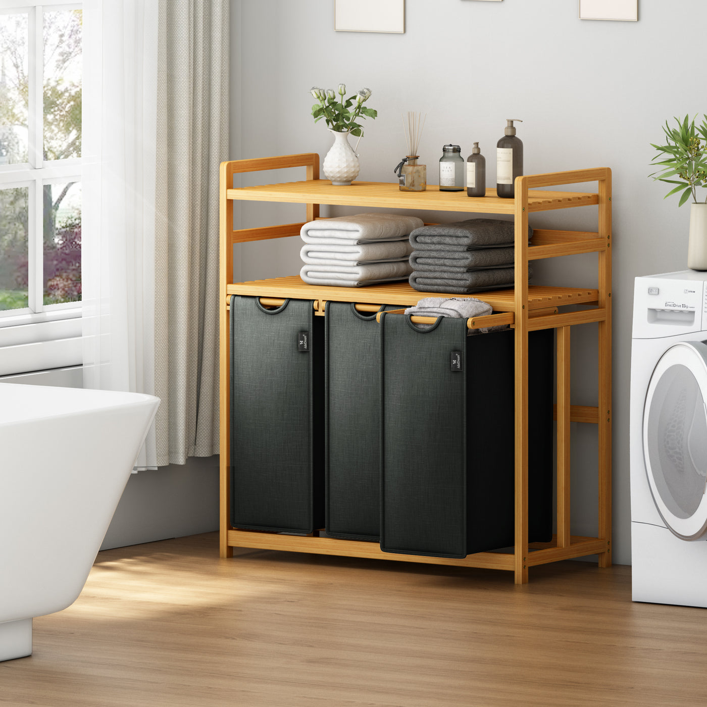 AdelDream Wäschekorb, 150 l, 3 Fächer,  2 Regale, ausziehbarer und abnehmbarer Wäschesack