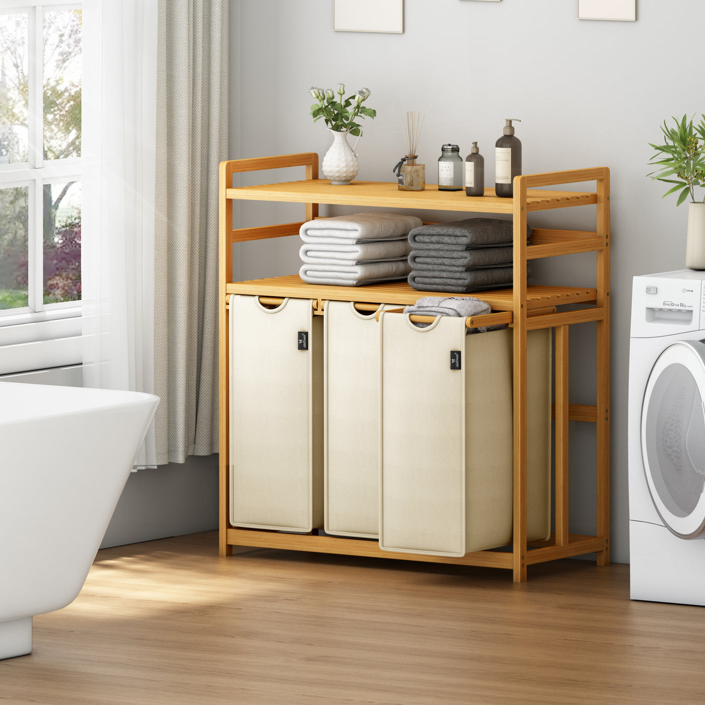 AdelDream Wäschekorb, 150 l, 3 Fächer,  2 Regale, ausziehbarer und abnehmbarer Wäschesack Beige