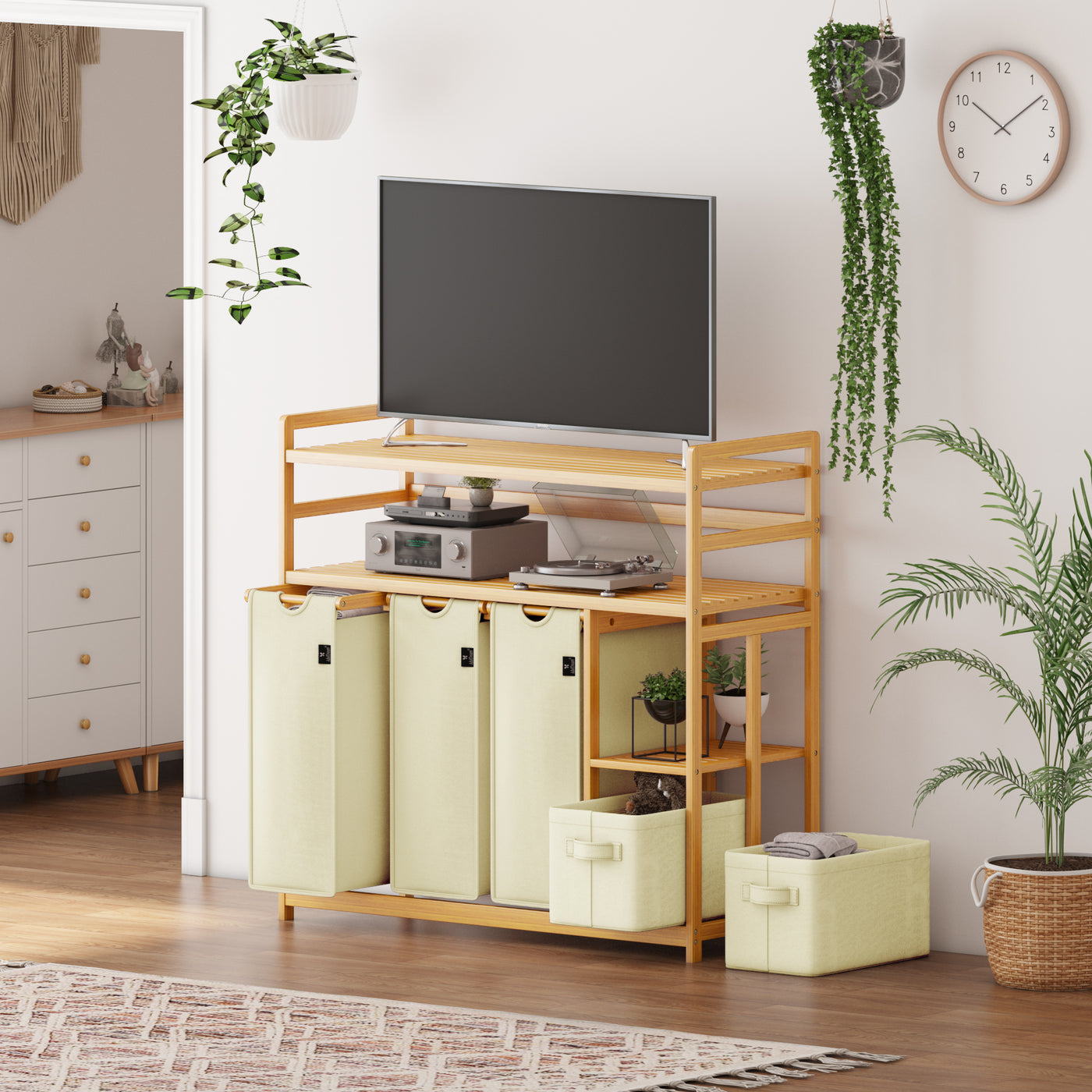 AdelDream Wäschekorb 5 Fächer 2 Regale Wäschesammler 190L Wäscheboxen Mit Korb Wäschesortierer mit 3 Wäschesäcken & 2 Stoffboxen Wäschesack Bambus Wäscheregal Wäschebox Laundry basket