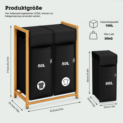 AdelDream Wäschekorb Kleidersortierer 2 Fächer Wäschewagen mit abnehmbaren Taschen Kleidersammler Bambus 100L