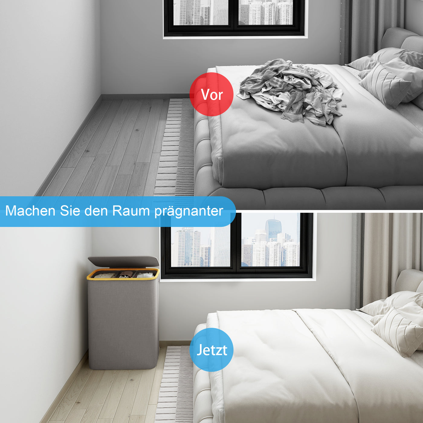 AdelDream 160L Wäschekorb mit 3 Fächern und Deckel