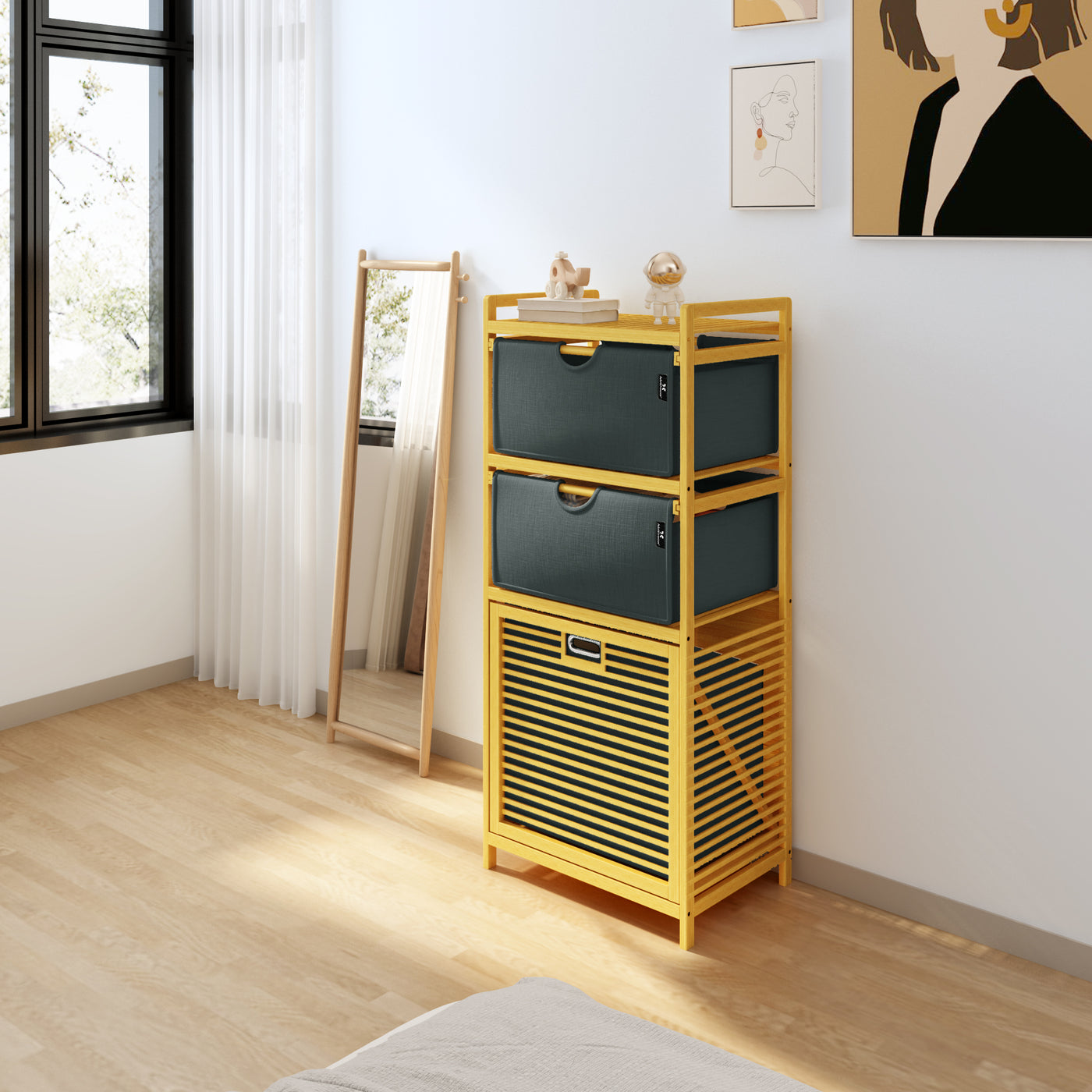 AdelDream Wäschekorb,Bambus,Wäschekörbe 3 Fächer