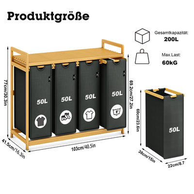 AdelDream Wäschekorb mit Bambusrahmen, 200 l, 4 Fächer