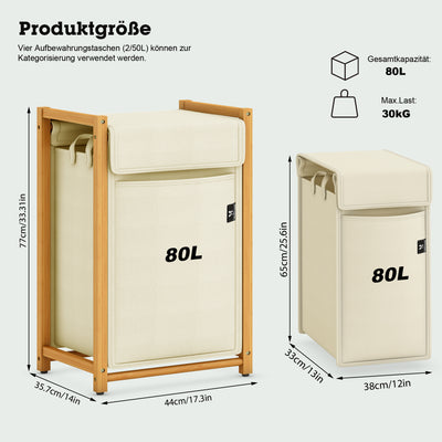 AdelDream Wäschekorb Bambus wäschesortierer Wäschewagen mit abnehmbaren Taschen Kleidersammler 80L Beige