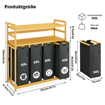 AdelDream Wäschekorb Wäschesortierer mit Regalen 4 Fächer 2 Ablagen Wäschebox Bambus Wäschesack ausziehbar und abnehmbar Laundry Basket 200L Grau