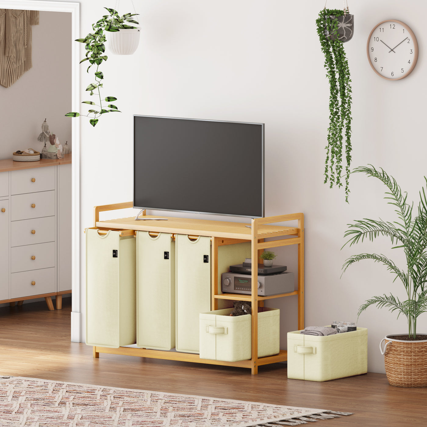 AdelDream Wäschekorb 5 Fächer Wäschesammler 190L Wäscheboxen Mit Korb Wäschesortierer mit 3 Wäschesäcken & 2 Stoffboxen mit Ablage Wäschesack Bambus Wäscheregal Wäschebox Laundry basket