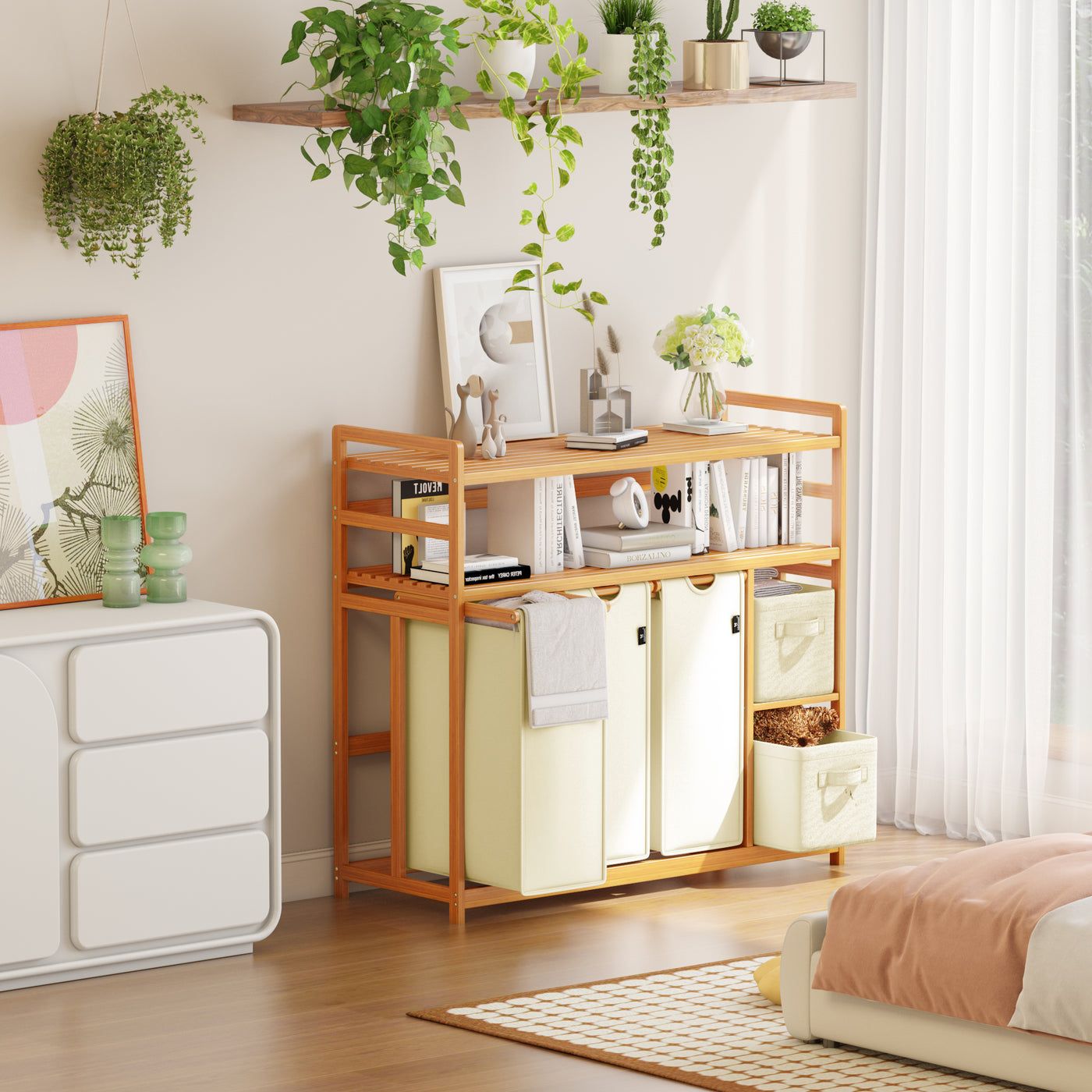 AdelDream Wäschekorb 5 Fächer 2 Regale Wäschesammler 190L Wäscheboxen Mit Korb Wäschesortierer mit 3 Wäschesäcken & 2 Stoffboxen Wäschesack Bambus Wäscheregal Wäschebox Laundry basket