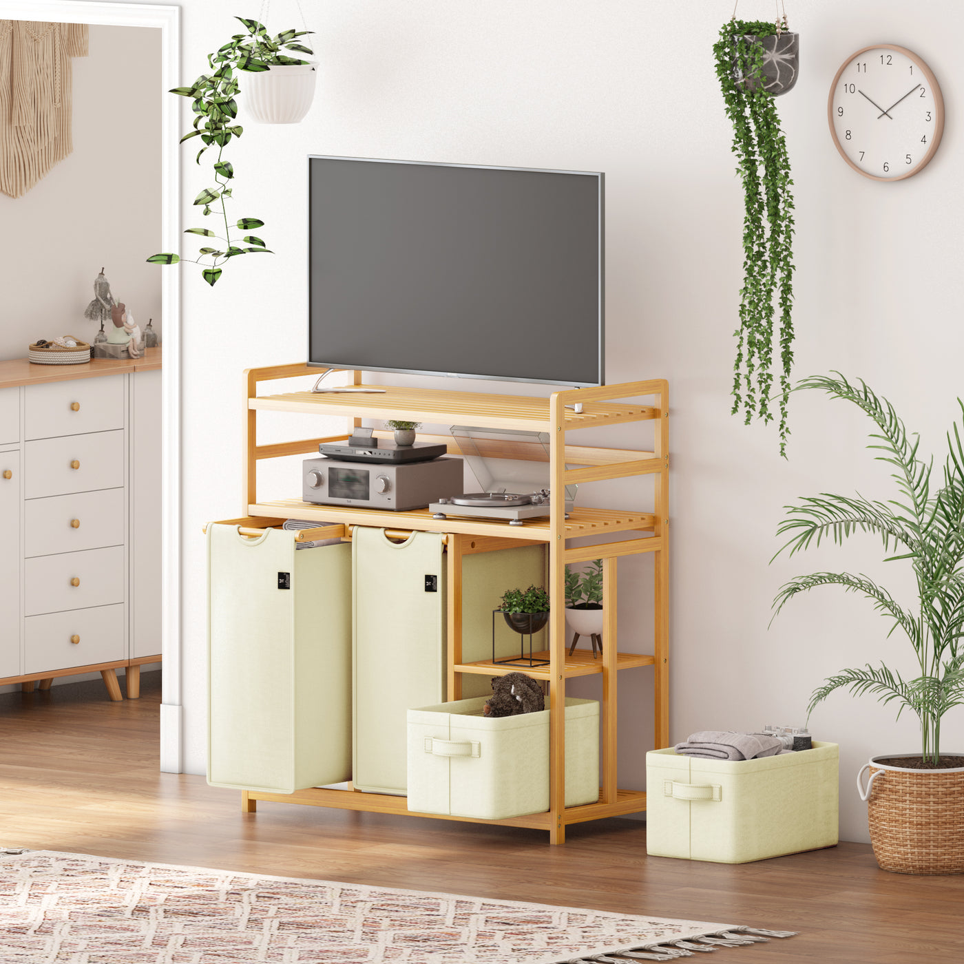 AdelDream Wäschekorb 4 Fächer 2 Regale Wäschesammler 140L Wäscheboxen Mit Korb Wäschesortierer mit 2 Wäschesäcken & 2 Stoffboxen Wäschesack Bambus Wäscheregal Wäschebox Laundry basket