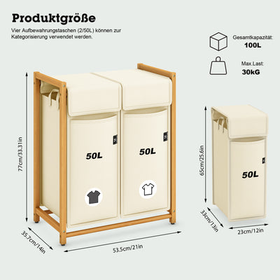 AdelDream Wäschekorb Kleidersortierer 2 Fächer Wäschewagen mit abnehmbaren Taschen Kleidersammler Bambus 100L