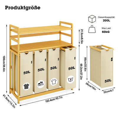 AdelDream Wäschekorb Wäschesortierer mit Regalen 4 Fächer 2 Ablagen Wäschebox Bambus 200L