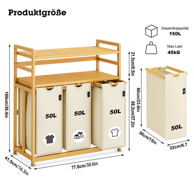 AdelDream Wäschekorb, 150 l, 3 Fächer,  2 Regale, ausziehbarer und abnehmbarer Wäschesack Beige