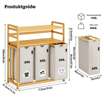 AdelDream Wäschekorb, 150 l, 3 Fächer,  2 Regale, ausziehbarer und abnehmbarer Wäschesack