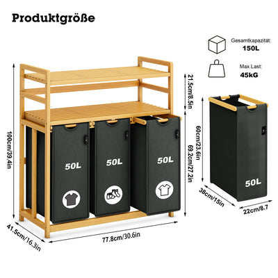 AdelDream Wäschekorb, 150 l, 3 Fächer,  2 Regale, ausziehbarer und abnehmbarer Wäschesack