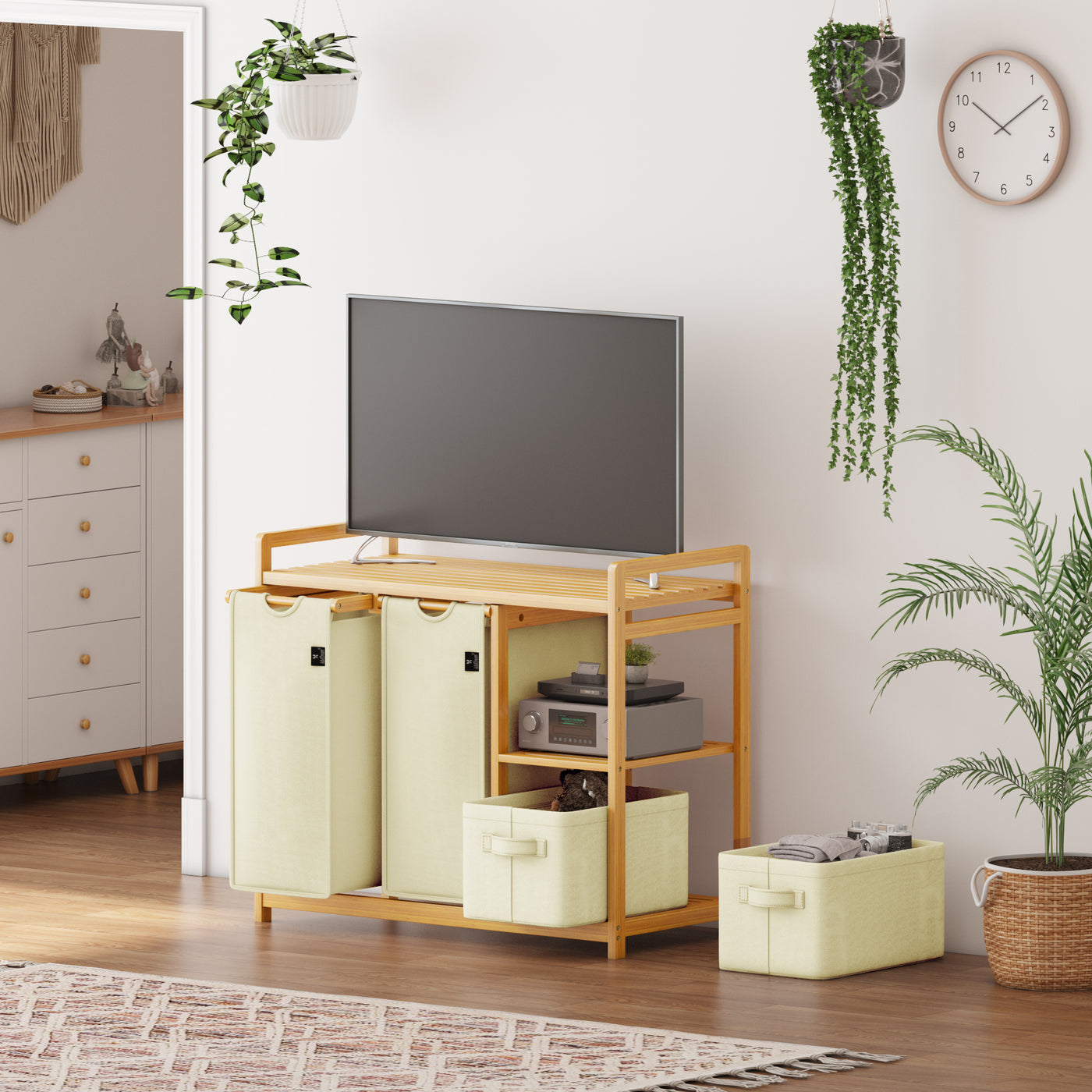 AdelDream Wäschekorb 4 Fächer Wäschesammler 140L Wäscheboxen Mit Korb Wäschesortierer mit 2 Wäschesäcken & 2 Stoffboxen mit Ablage Wäschesack Bambus Wäscheregal Wäschebox Laundry