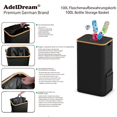 Adeldream 100L Pfandflaschen Sammelbehälter Groß Pfandflaschen Aufbewahrung Behälter Leergut & Altglas Aufbewahrung mit Softgrip-Griffen Flaschensammler Loch Küche Abstellraum Flaschentasche Schwarz