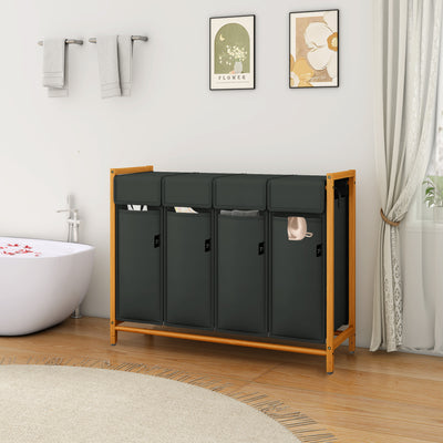 AdelDream Wäschekorb Kleidersortierer Fächer Wäschewagen mit abnehmbaren Taschen Kleidersammler Bambus 200L Dunkelgrau
