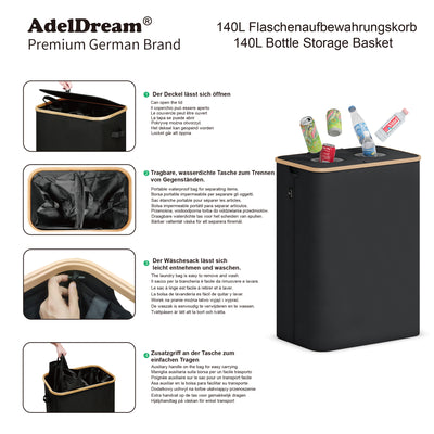 Adeldream 140L 2 Fächer Pfandflaschen Sammelbehälter Groß Pfandflaschen Aufbewahrung Behälter Leergut & Altglas Aufbewahrung Softgrip-Griffen Flaschensammler mit Loch Küche Abstellraum Schwarz