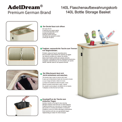 Adeldream 140L 2 Fächer Pfandflaschen Sammelbehälter Groß Pfandflaschen Aufbewahrung Behälter Leergut & Altglas Aufbewahrung Softgrip-Griffen Flaschensammler mit Loch Küche Abstellraum Beige