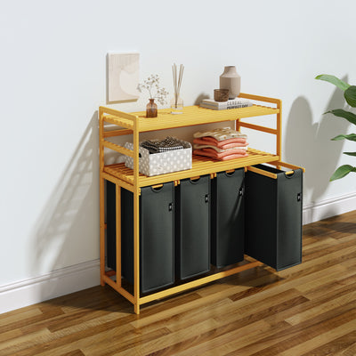 AdelDream Wäschekorb Wäschesortierer mit Regalen 4 Fächer 2 Ablagen Wäschebox Bambus Wäschesack ausziehbar und abnehmbar Laundry Basket 200L Grau