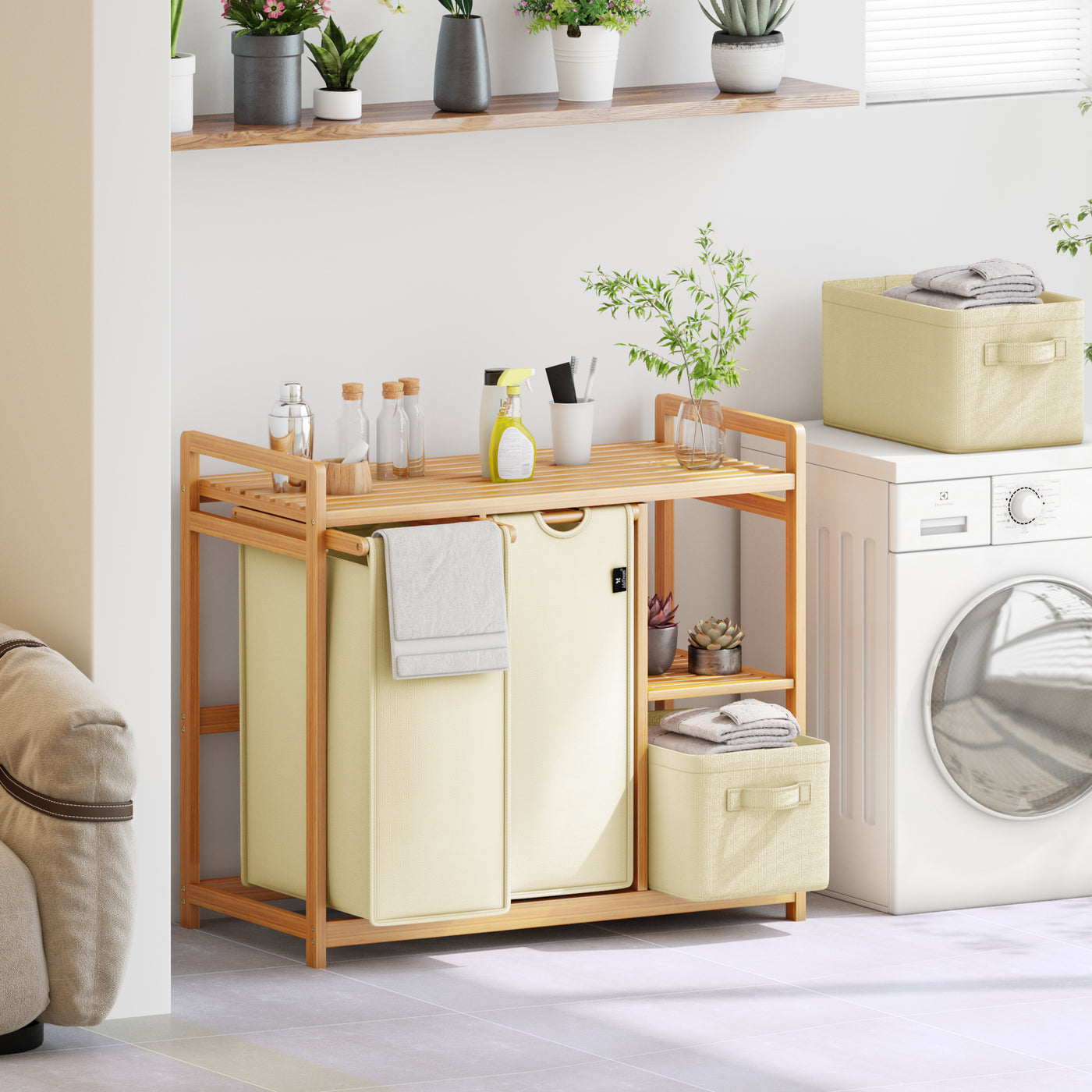 AdelDream Wäschekorb 4 Fächer Wäschesammler 140L Wäscheboxen Mit Korb Wäschesortierer mit 2 Wäschesäcken & 2 Stoffboxen mit Ablage Wäschesack Bambus Wäscheregal Wäschebox Laundry